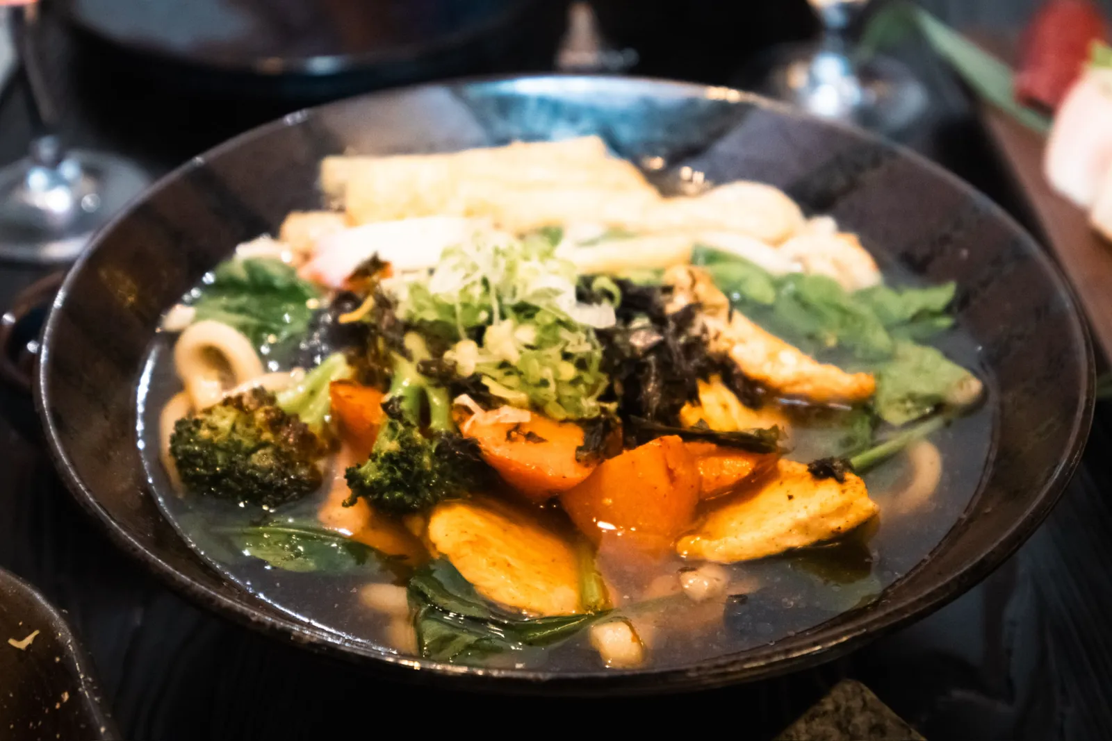Chicken udon with broccoli and roasted squash