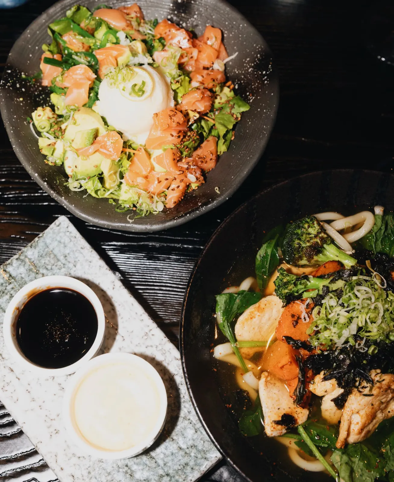 Salmon poke bowl and chicken udon from above